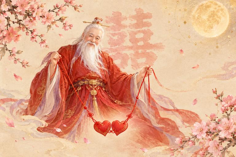 姻缘堂首页配图：月老牵红线牵姻缘、双喜桃花圆月的新中式国风插画